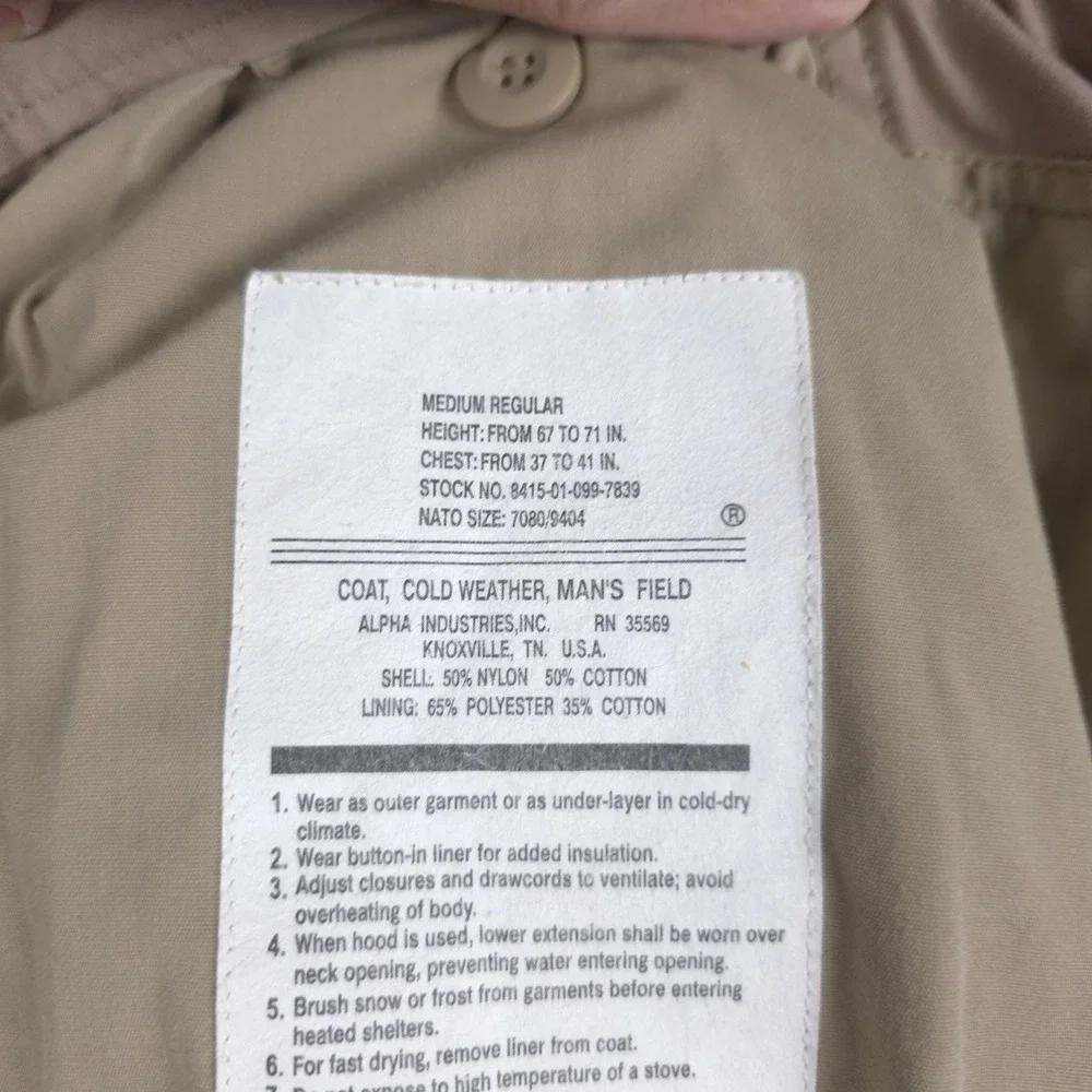 Alpha Industries M65 Field Coat Mens Medium Beige Cold Weather with ALS/92 Liner